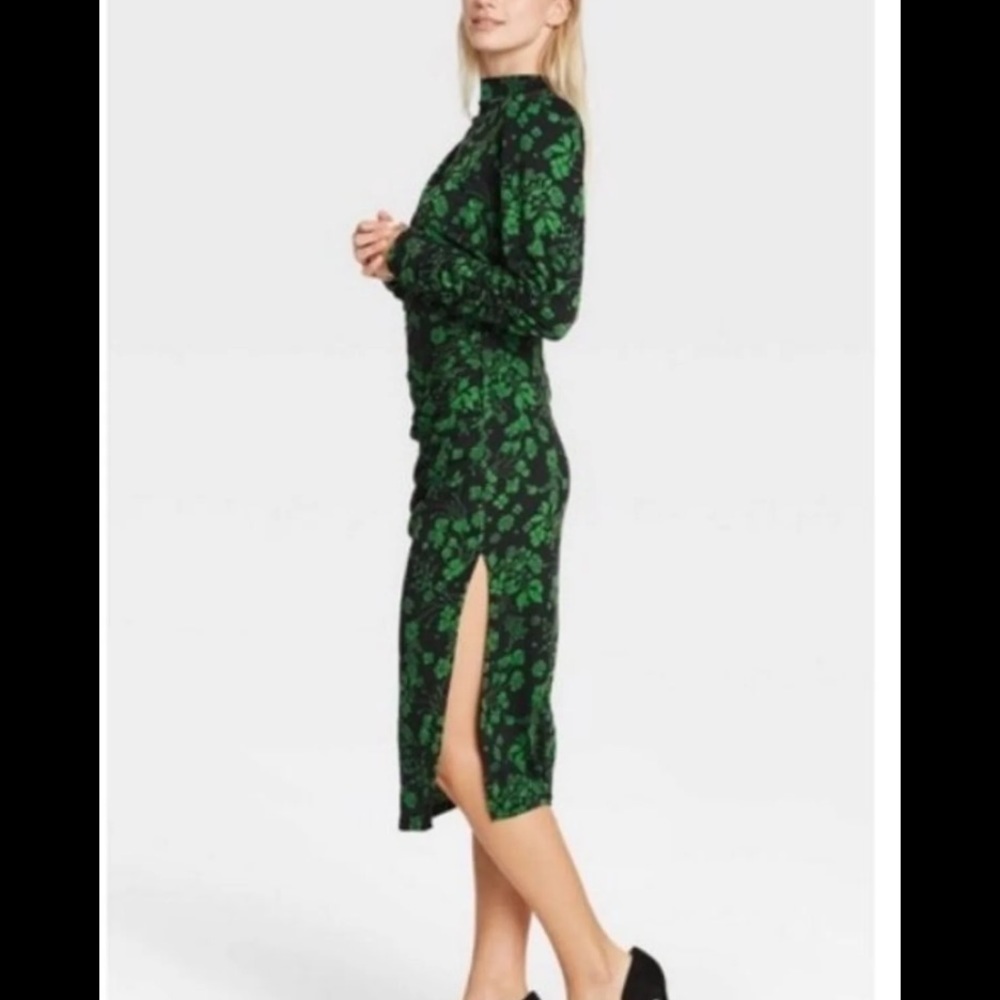 Who What Wear XS Sexy Green & Black Floral Long Sleeve Bodycon Dress high slit - Picture 2 of 5